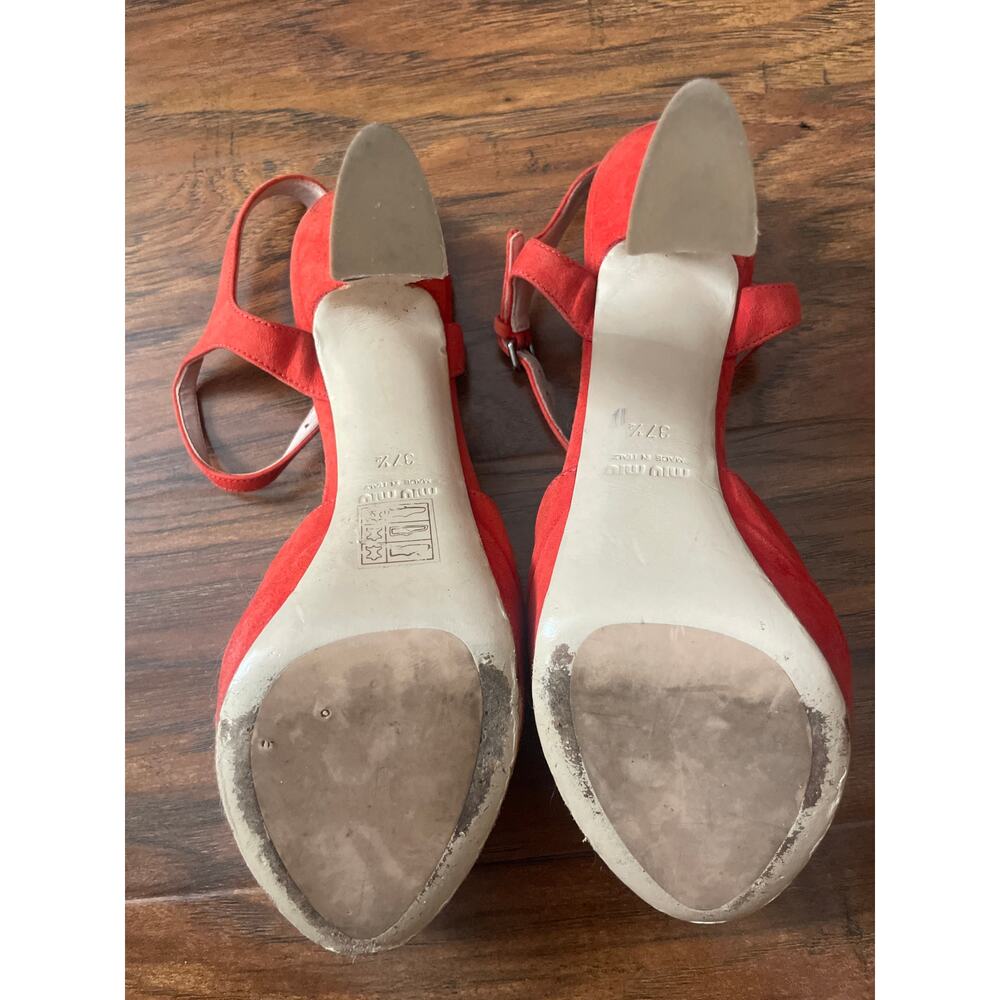 MIU MIU Flared Heel Bow Sandal Red Suede Shoes Size 37.5 US 7 7.5 PRADA Platform - Picture 5 of 7
